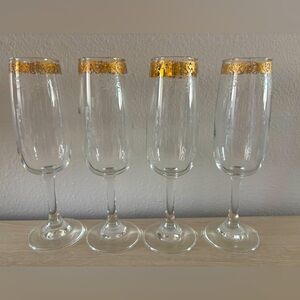 Set 4 - Vintage Hand Blown Crystal Cellini Gold Trim Champagne Flute
